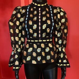 RUNWAY FIL COUPE VICTORIAN PUFF-SLEEVE TOP IN BLACK MULTI SEMI SHEER